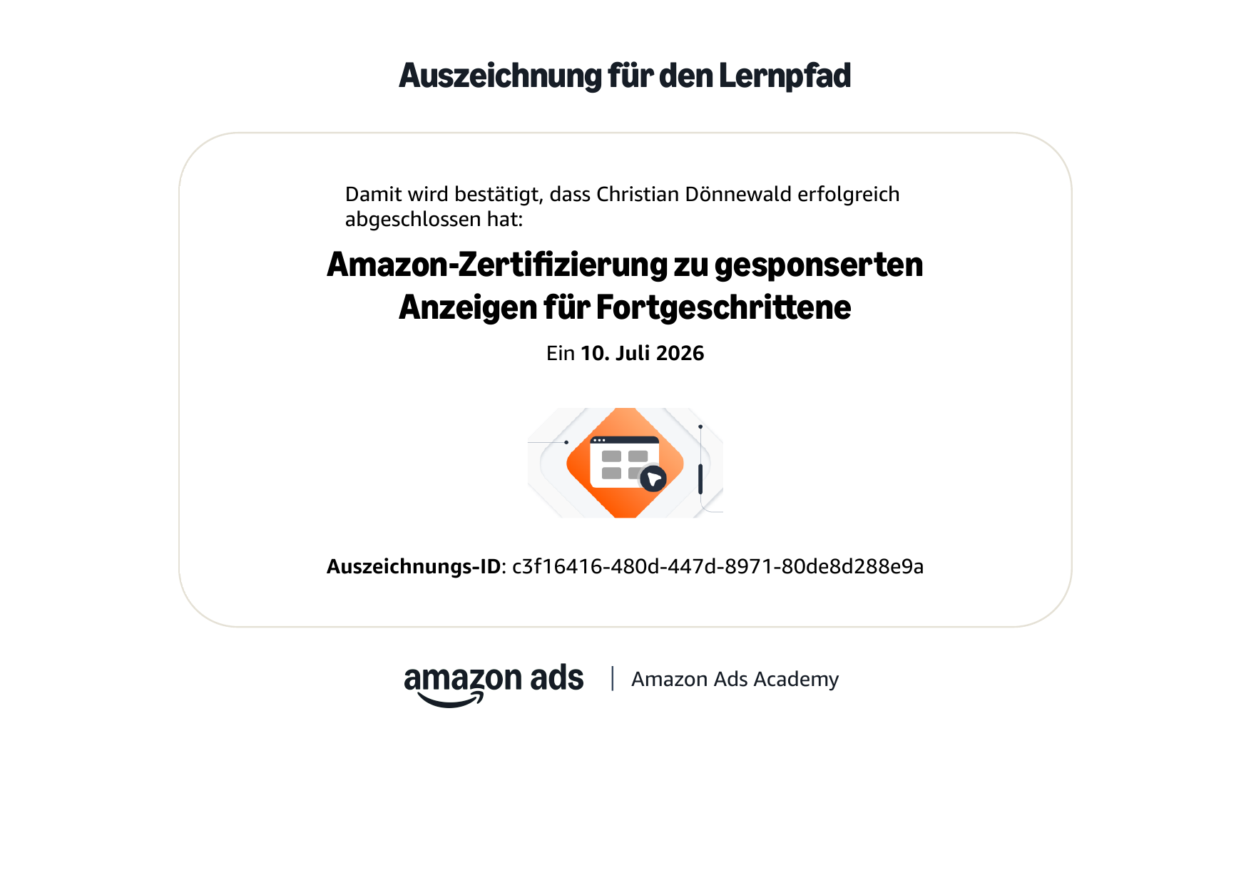 Amazon Sponsored Ads Advanced Zertifikat von Christian D&ouml;nnewald