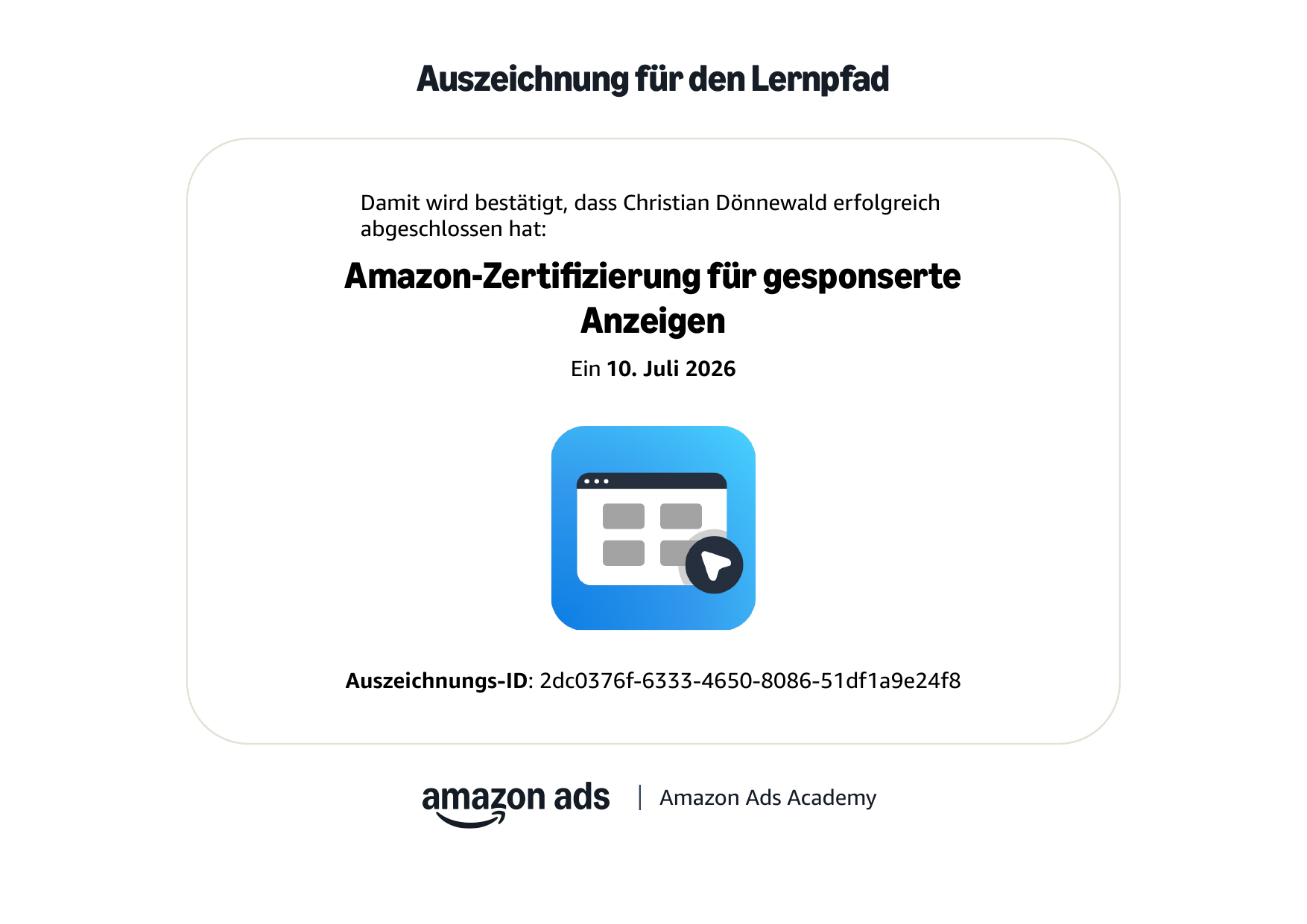 Amazon Sponsored Ads Zertifikat von Christian D&ouml;nnewald